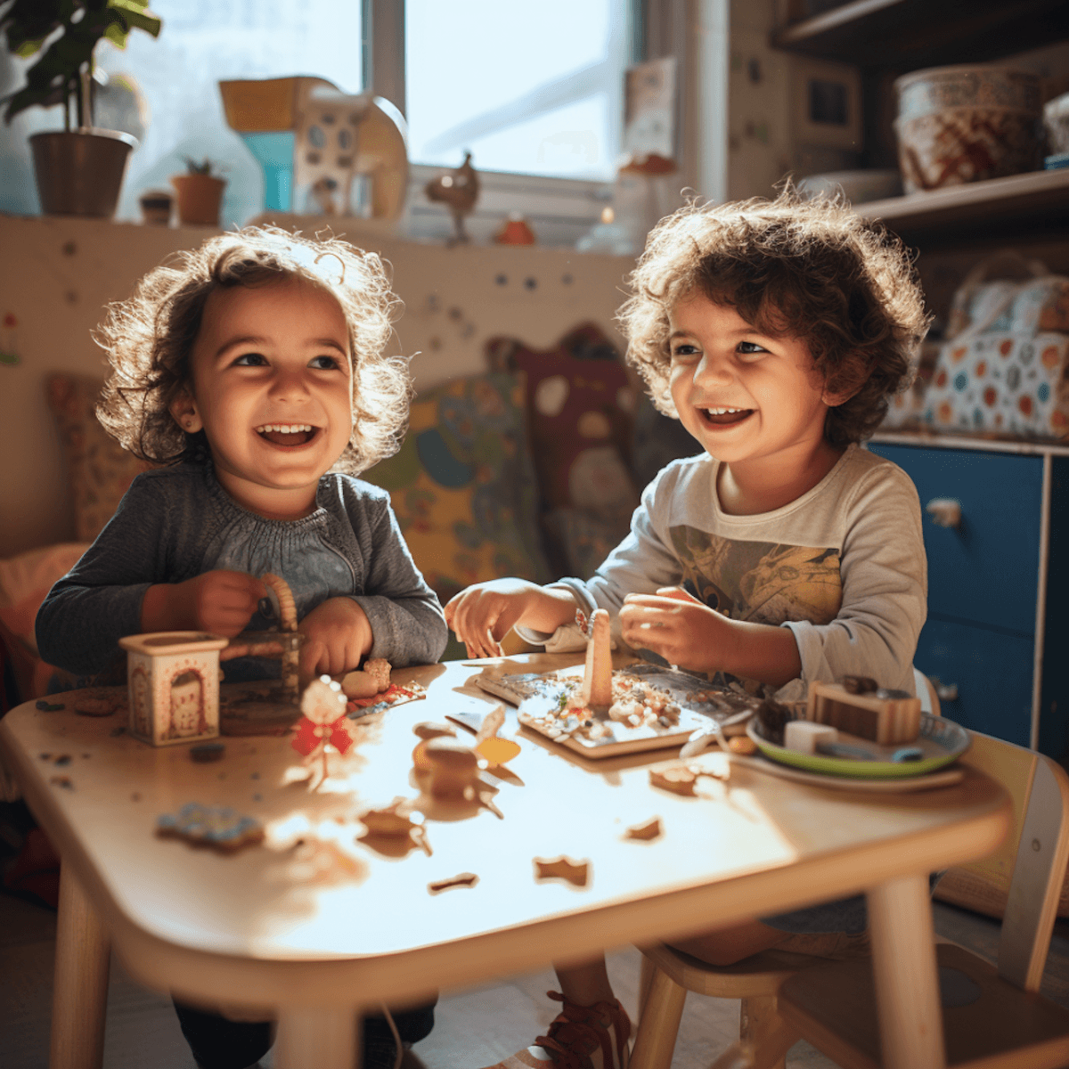 Two smiling toddlers playing together at a craft table