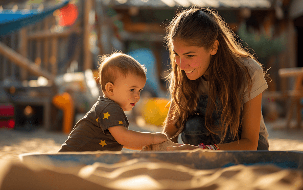 A woman and baby playing together in a sunlit sandbox